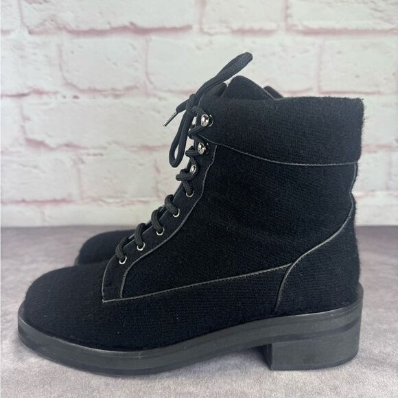 Chanel $1450 Wool Lace Up Black Biker Ankle Boots 9 - Picture 2 of 13